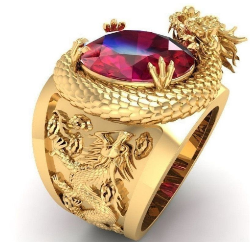 Bague en or, dragon; Arthur Pendragon; roi de Bretagne; rubis; anneau; chevaliers, table ronde, armoiries