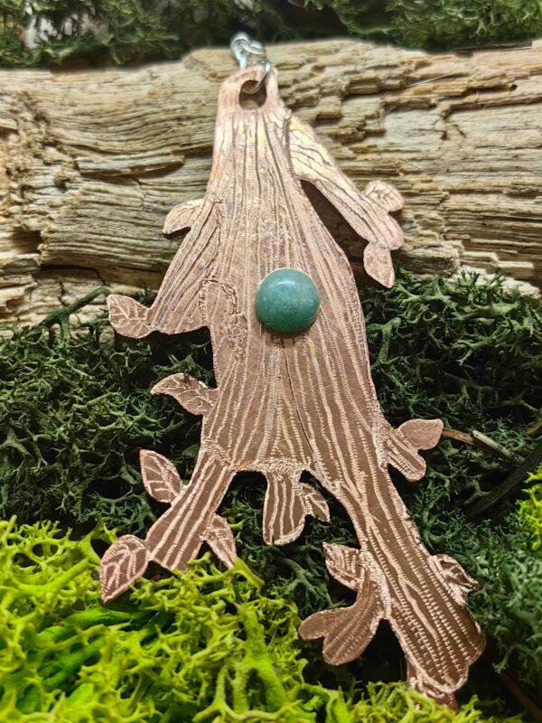 Pendentif "Branche de Dryade" en argent et cuivre recyclés avec cabochon d'aventurine verte, fait main, fabriqué en France, bijou éthique et naturel