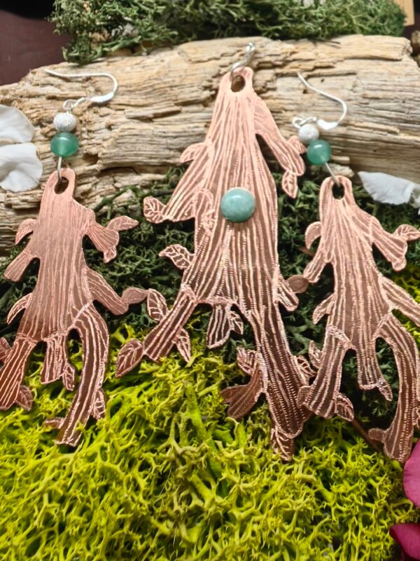 Pendentif "Branche de Dryade" en argent et cuivre recyclés avec cabochon d'aventurine verte, fait main, fabriqué en France, bijou éthique et naturel