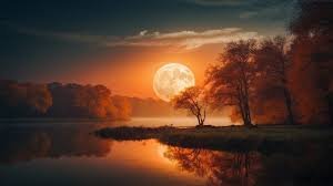 Lune d'équinoxe d'automne au-dessus d'un paysage automnal avec des couleurs rougeoyantes, cuivrées et orangées, bordant un lac paisible