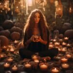 Jeune femme assise entourée de lumières de bougies pour la Samhain, article sur la sabbat de Samhain chez Le Chêne Enchanté