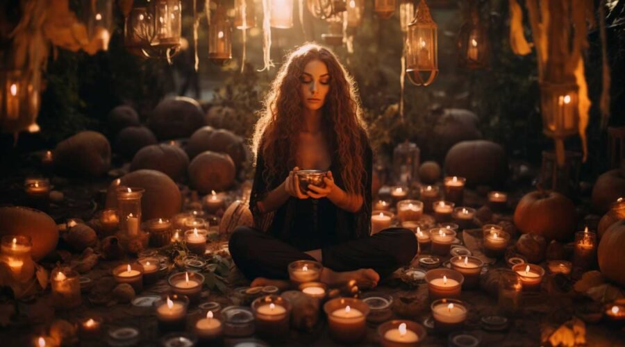 Jeune femme assise entourée de lumières de bougies pour la Samhain, article sur la sabbat de Samhain chez Le Chêne Enchanté