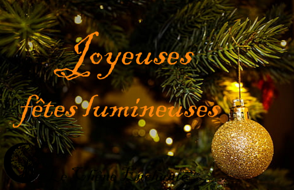 Joyeuses fêtes accompagnées de branches de sapin naturels et boule dorée.