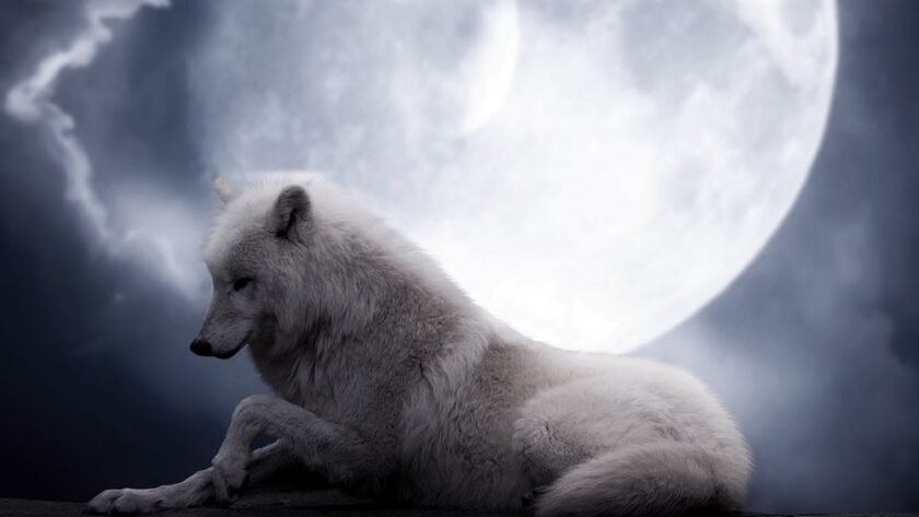 Esbat lune du loup, un grand loup blanc est allongé devant la lune pleine lumineuse de janvier. Couverture de l'article de l'esbat du loup chez Le Chêne Enchanté.