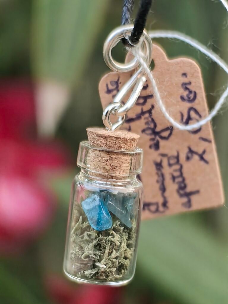 Mini pendentif fiole "Talisman des fées" apatite et mousse végétale naturelle, collection Artéfacts chez Le Chêne Enchanté.
Toute reproduction de mes bijoux est formellement interdite et vous engage au pénal.