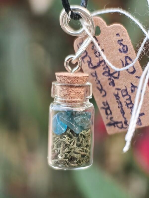 Mini pendentif fiole "talisman des fées" apatite et mousse végétale naturelle monté sur argent, collection artéfacts chez Le Chêne Enchanté.