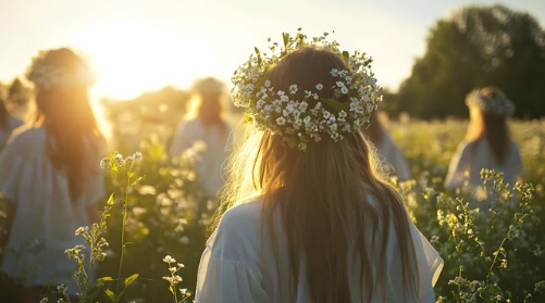 Jeunes femmes portant des couronnes de fleurs au milieu d'un champs de fleurs sauvages pour célébrer Litha, au coucher du soleil, article sur les plantes et fleurs de Litha chez Le Chêne Enchanté.