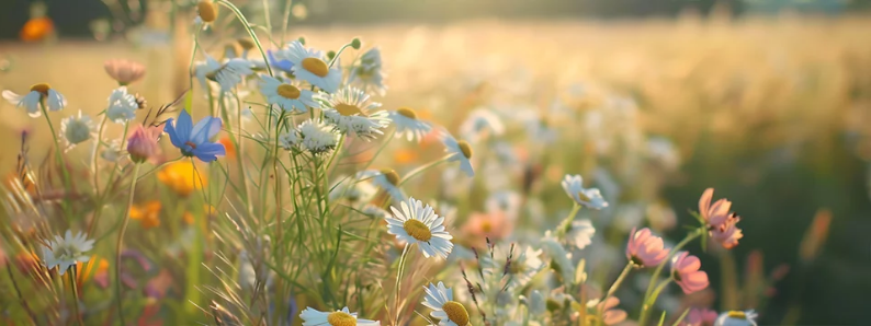 Champs de fleurs sauvages sous le soleil du 1er jour de l'été, Litha chez Le Chêne Enchanté.