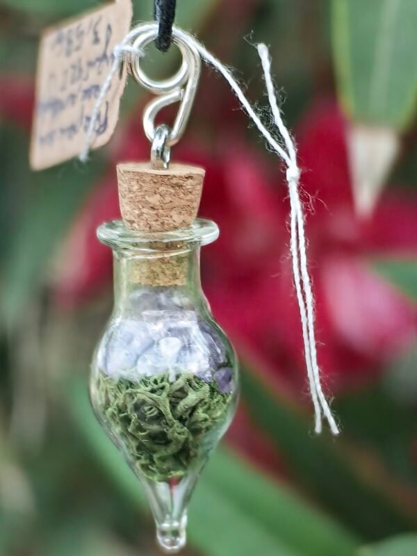 Pendentif fiole "Potion des fées" améthyste et mousse végétale naturelle monté sur argent, collection Artéfacts chez Le Chêne Enchanté. Vu entière du pendentif.
