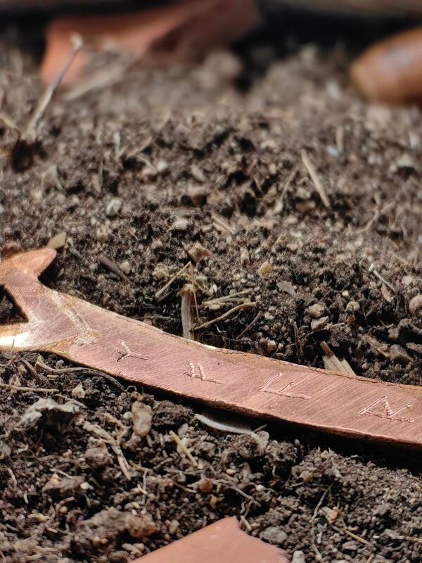 Gros plan sur le bas du pic à cheveux en cuivre "grande bête nordique" avec les inscriptions des runes Fehu (ᚠ), Kenaz (ᚲ) Wunjo (ᚹ), Elhaz / Algiz (ᛉ), Ansuz (ᚨ), Raidho (ᚱ). Le pic à cheveux est posé dans la terre comme aurait pu le découvrir un archéologue ou un historien des siècles après qu'il ait passé en terre.