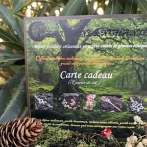 Carte cadeau-Instant de lumière chez Le Chêne Enchanté. Cette carte cadeau virtuelle est aussi à retrouver en physique dans mon échoppe itinérante. Elle représente toute la lumière, tout l'amour, toute la bienveillance et toute la magie qu'il y a en chacun de nous. Vous pouvez l'acquérir à partir de 20€. Cette carte est un morceau de nature avec son arbre au dernier plan, son mantra magique pour vous aider, vous guider et la représentation de cinq de mes bijoux talismans-guides historiques joailliers éthiques phares.