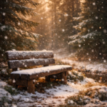 Banc recouvert de neige dans une forêt dans une douce ambiance de chaleur dorée, réconfortante. Article chez Le Chêne Enchanté. Symbole de pause, de contemplation, de retour à soi.
