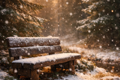 Banc recouvert de neige dans une forêt dans une douce ambiance de chaleur dorée, réconfortante. Article chez Le Chêne Enchanté. Symbole de pause, de contemplation, de retour à soi.