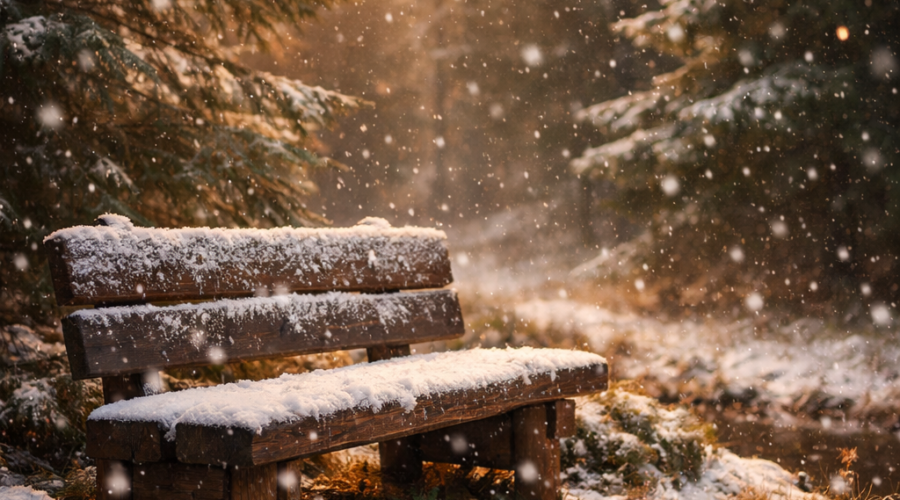 Banc recouvert de neige dans une forêt dans une douce ambiance de chaleur dorée, réconfortante. Article chez Le Chêne Enchanté. Symbole de pause, de contemplation, de retour à soi.