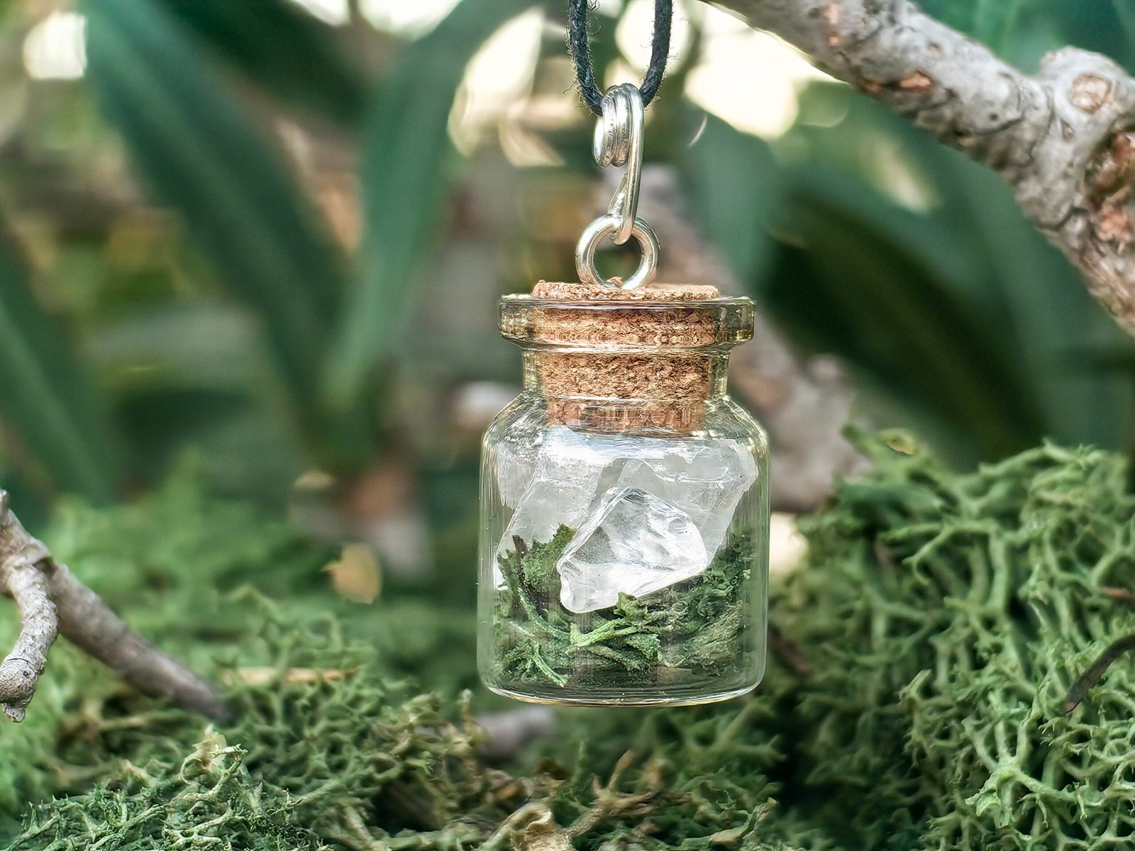 Pendentif fiole Potion des fées, argent cristal de roche mousse végétale naturelle verre – Image 3